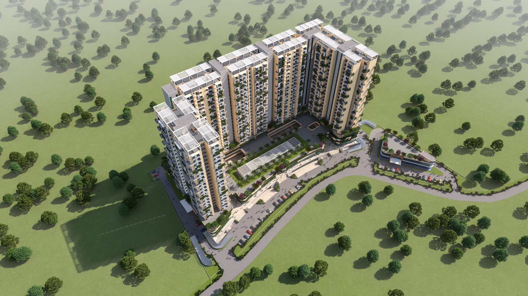 The development from the air, with the entrance building in front