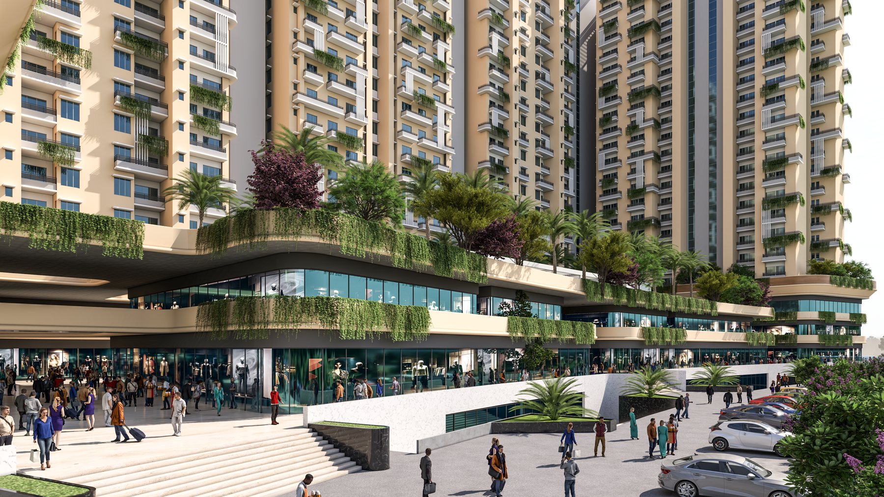The shopping street below the planted terraces
