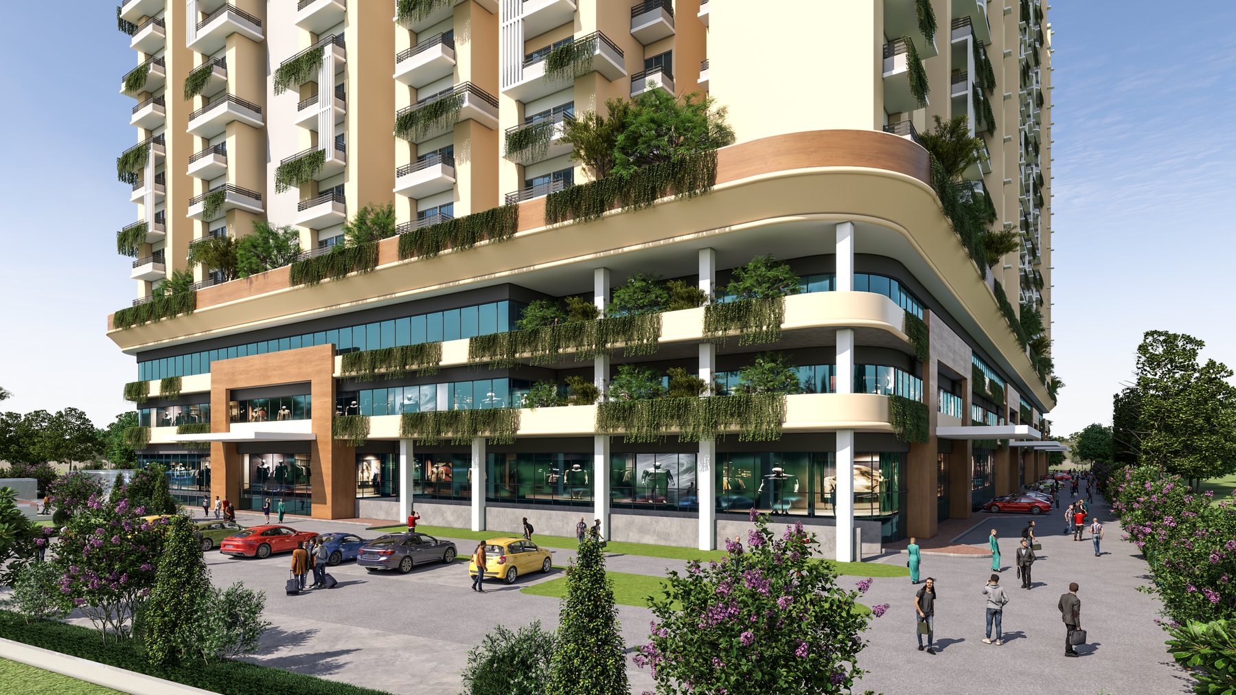 A corner of the podium, with shopfronts and planted ledges