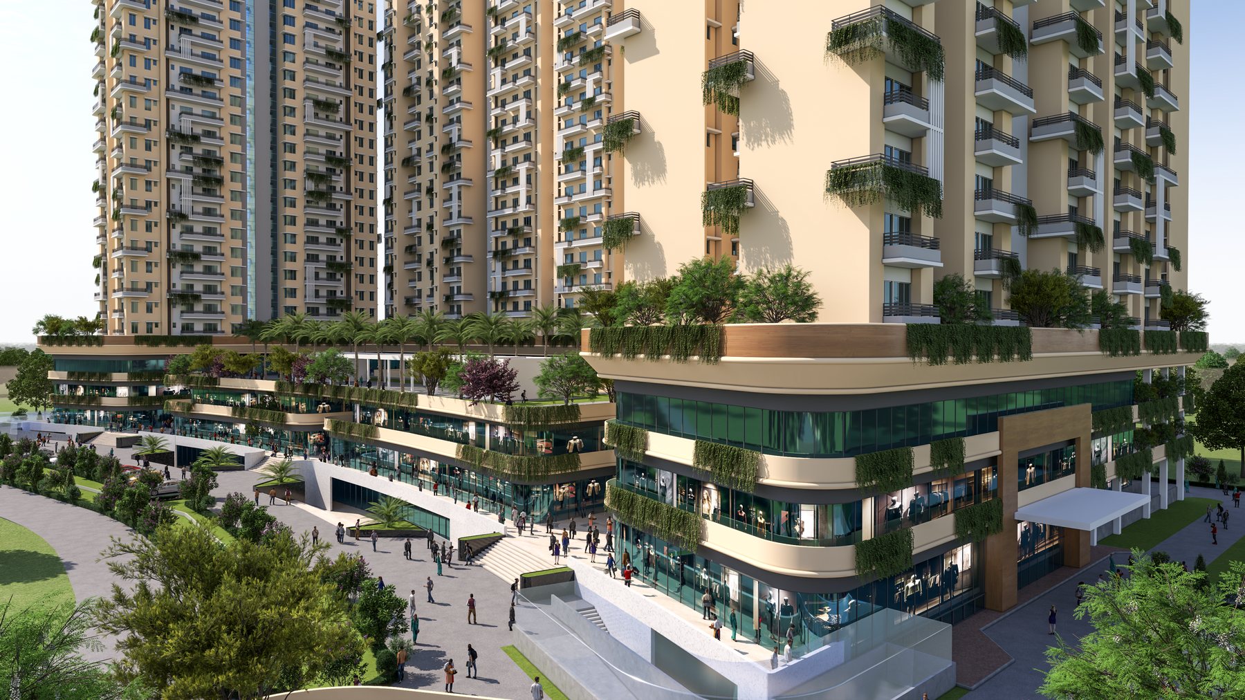 The podium terraces stepping down to the forecourt