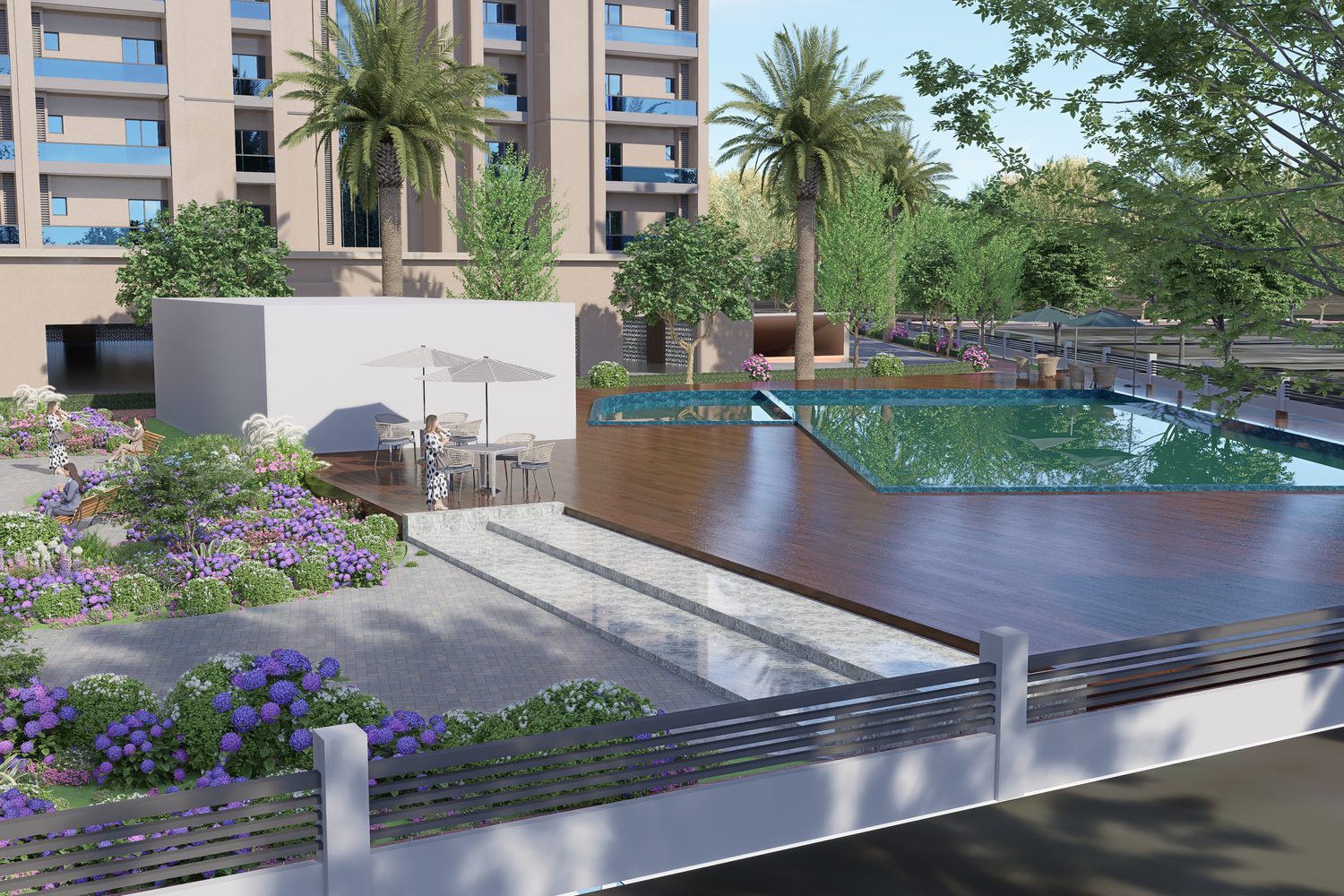 The pool deck and garden