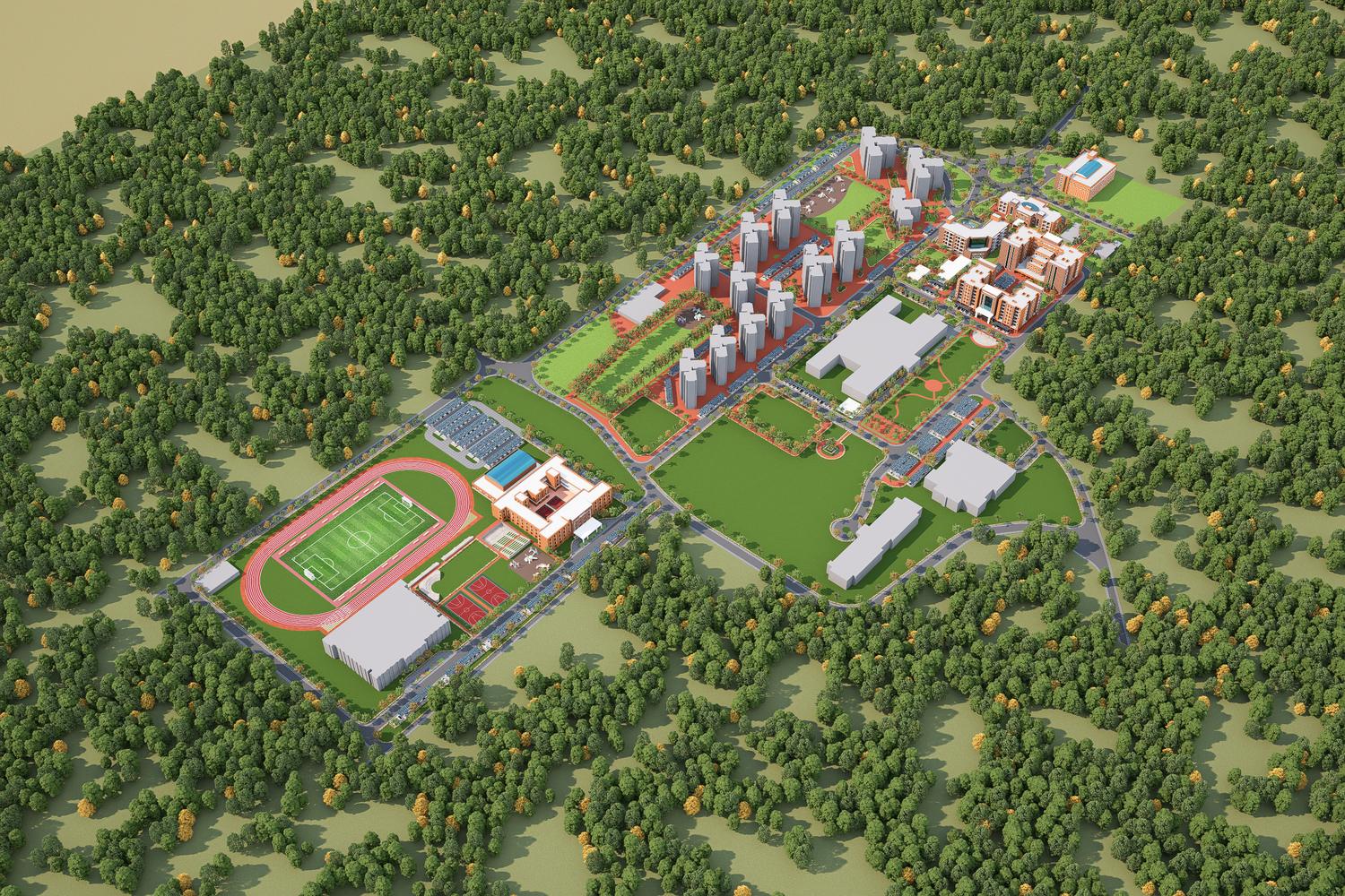 The township from the sports end: the school, running track and sports hall in front of the housing