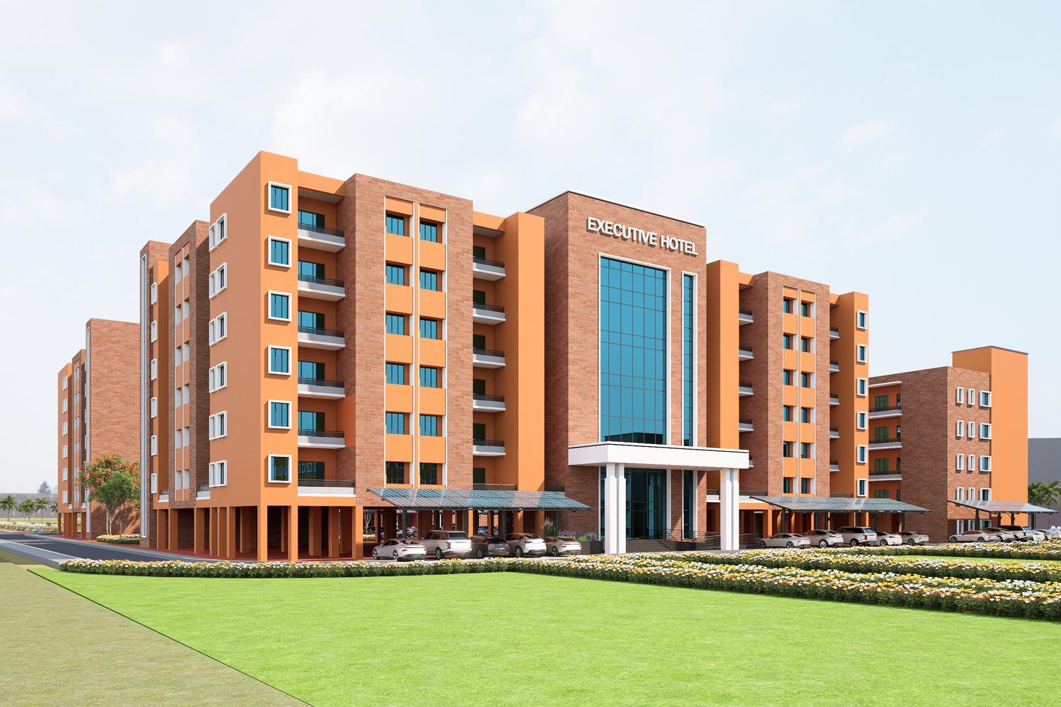 The executive hotel from the lawn, on stilts with parking beneath