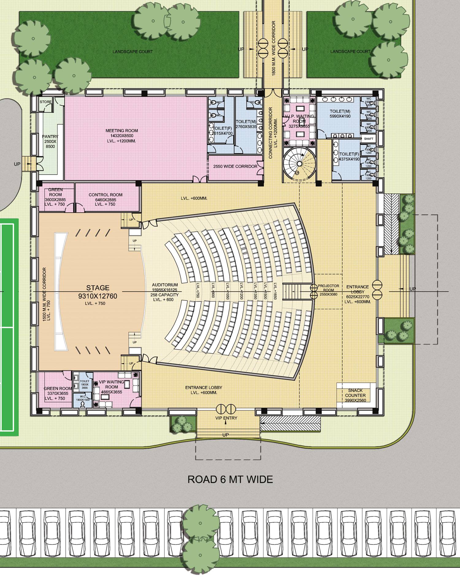 Auditorium plan: 258 seats, the stage, green rooms and the VIP lounge