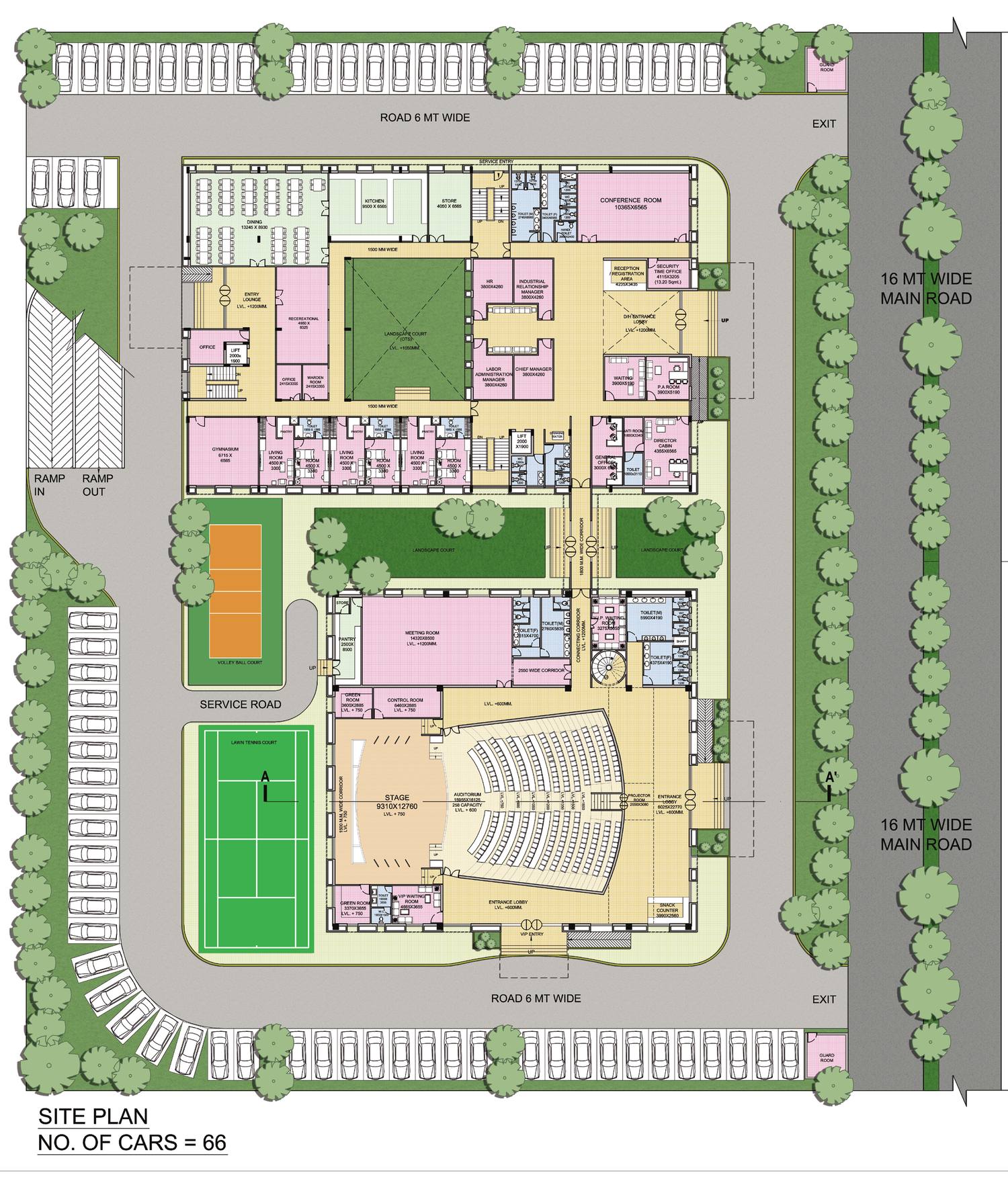 Site plan: the main building and the auditorium joined by a corridor, with parking around the edge
