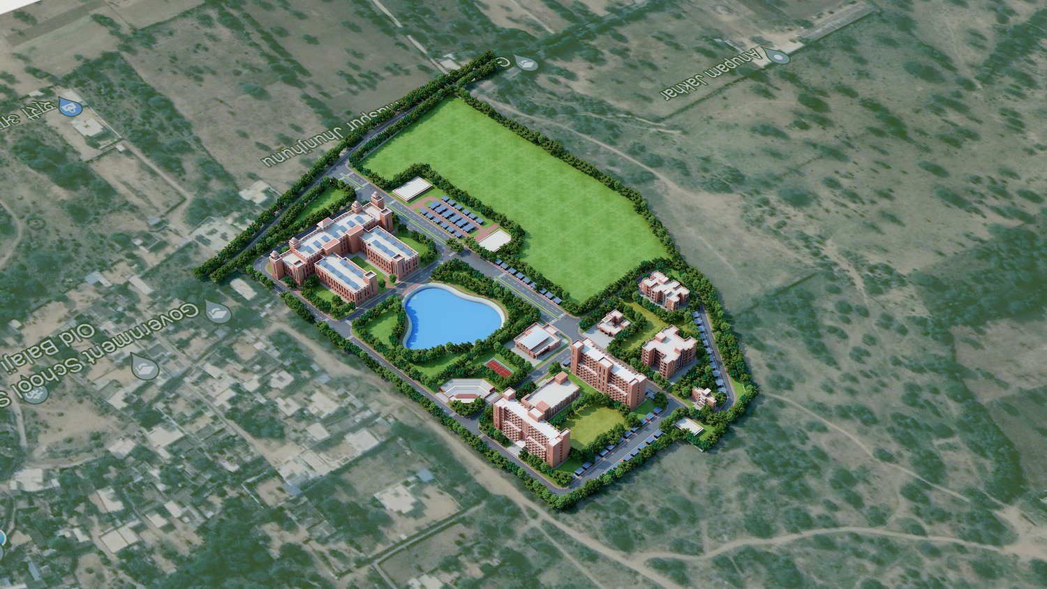 The campus around its central pond