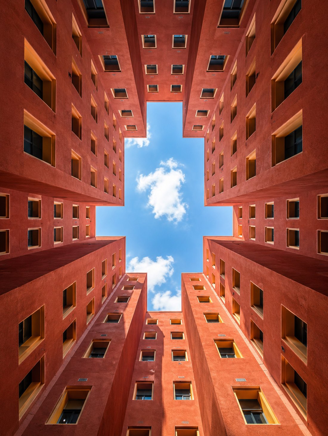 Looking up from a courtyard