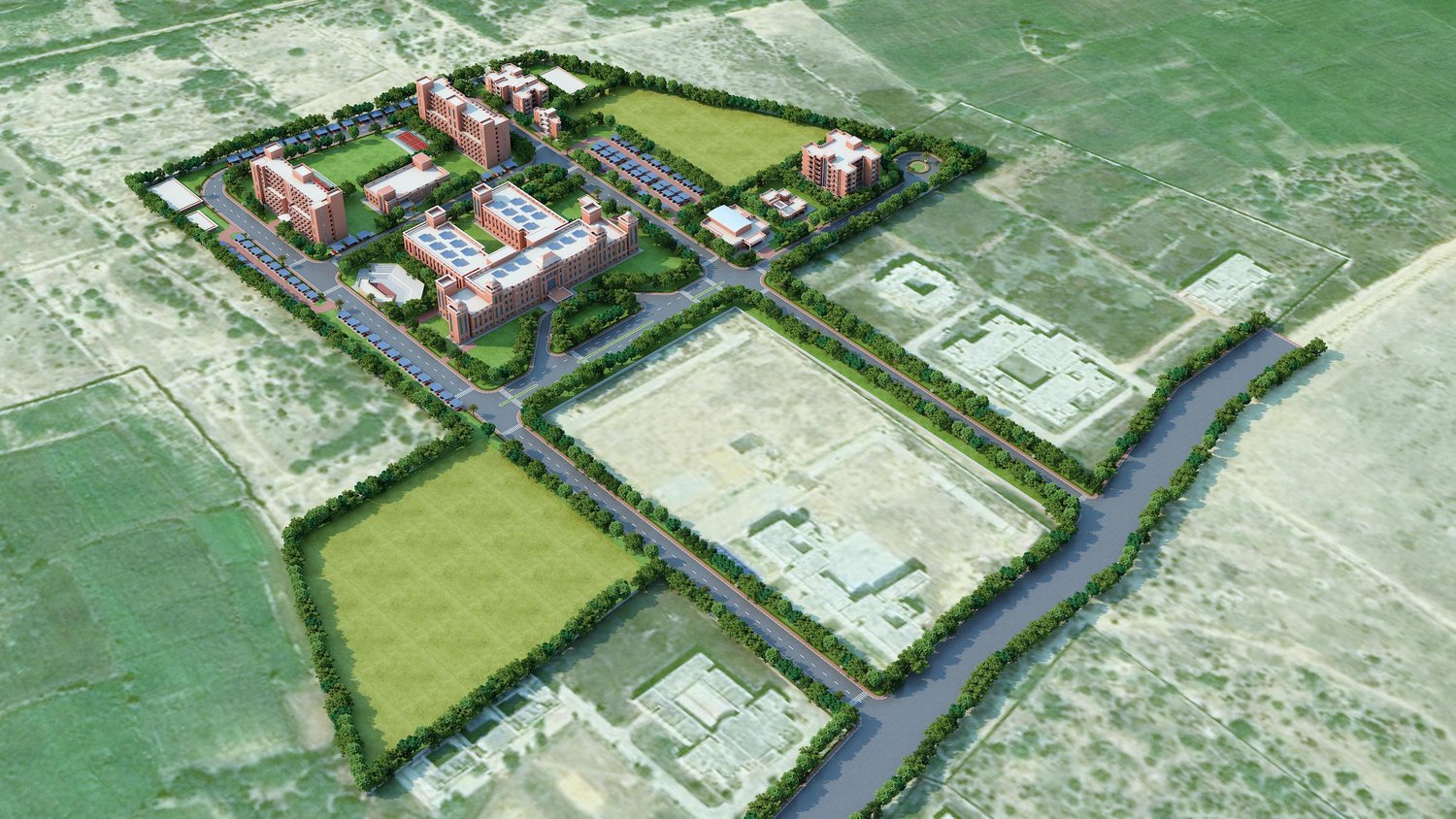 The campus, with the hospital and college at its centre