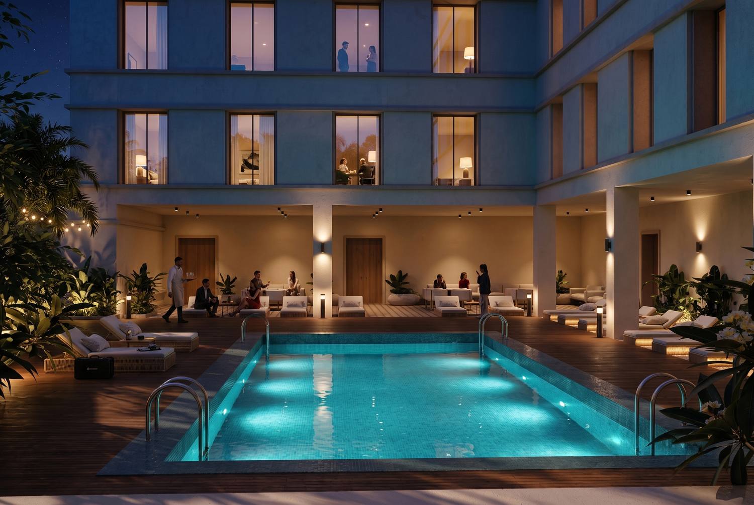 Courtyard pool at night