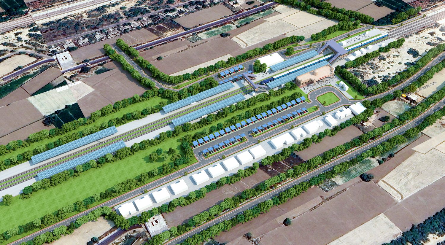 The station area along the tracks, from above