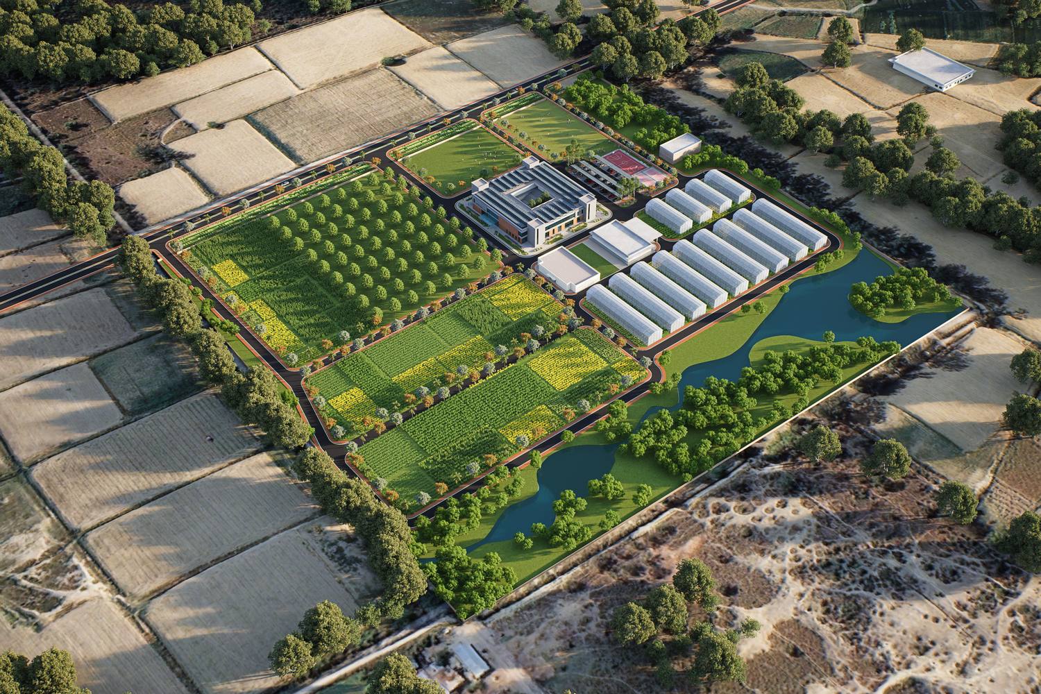 Research fields, orchards and lake