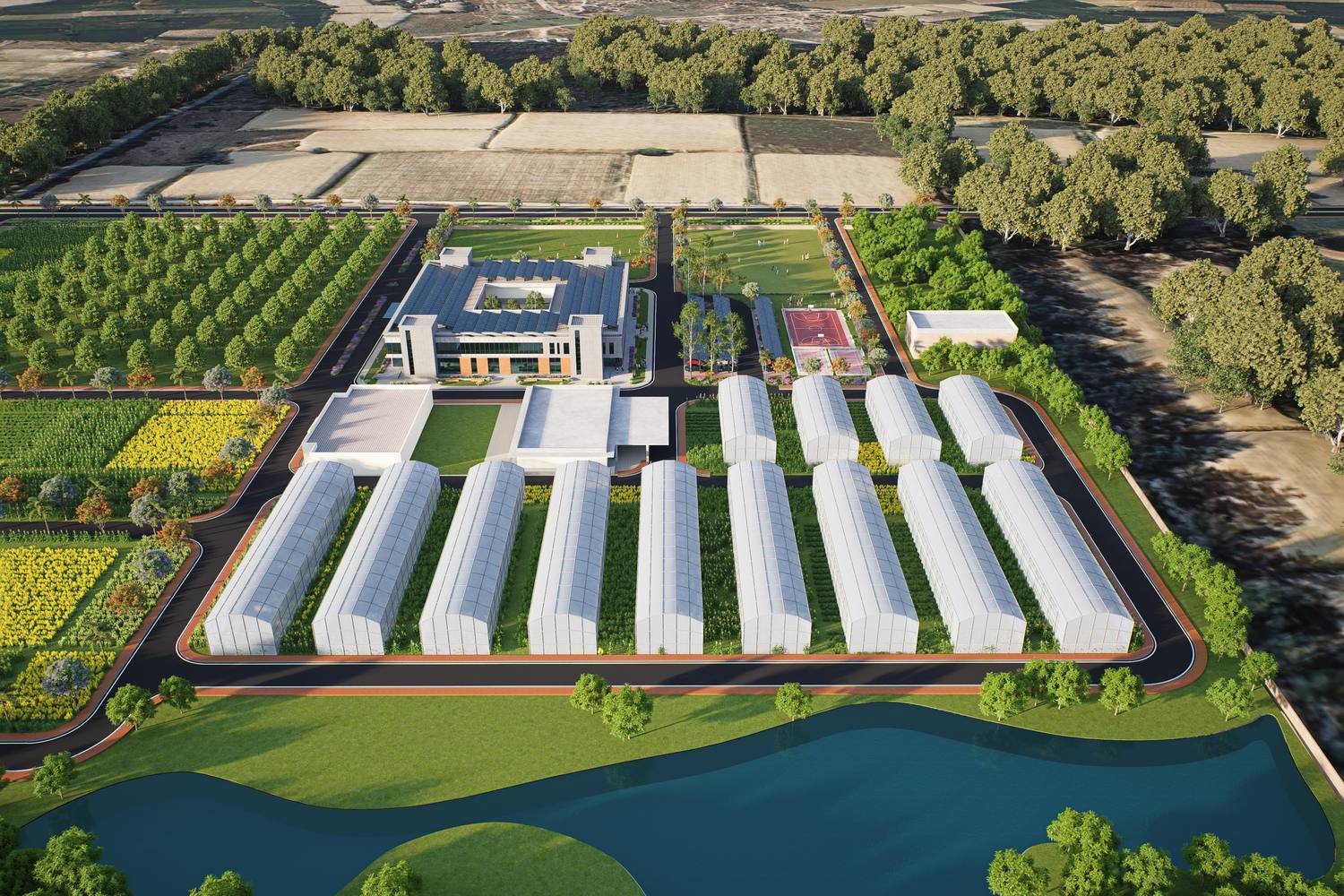 Greenhouses and the research building