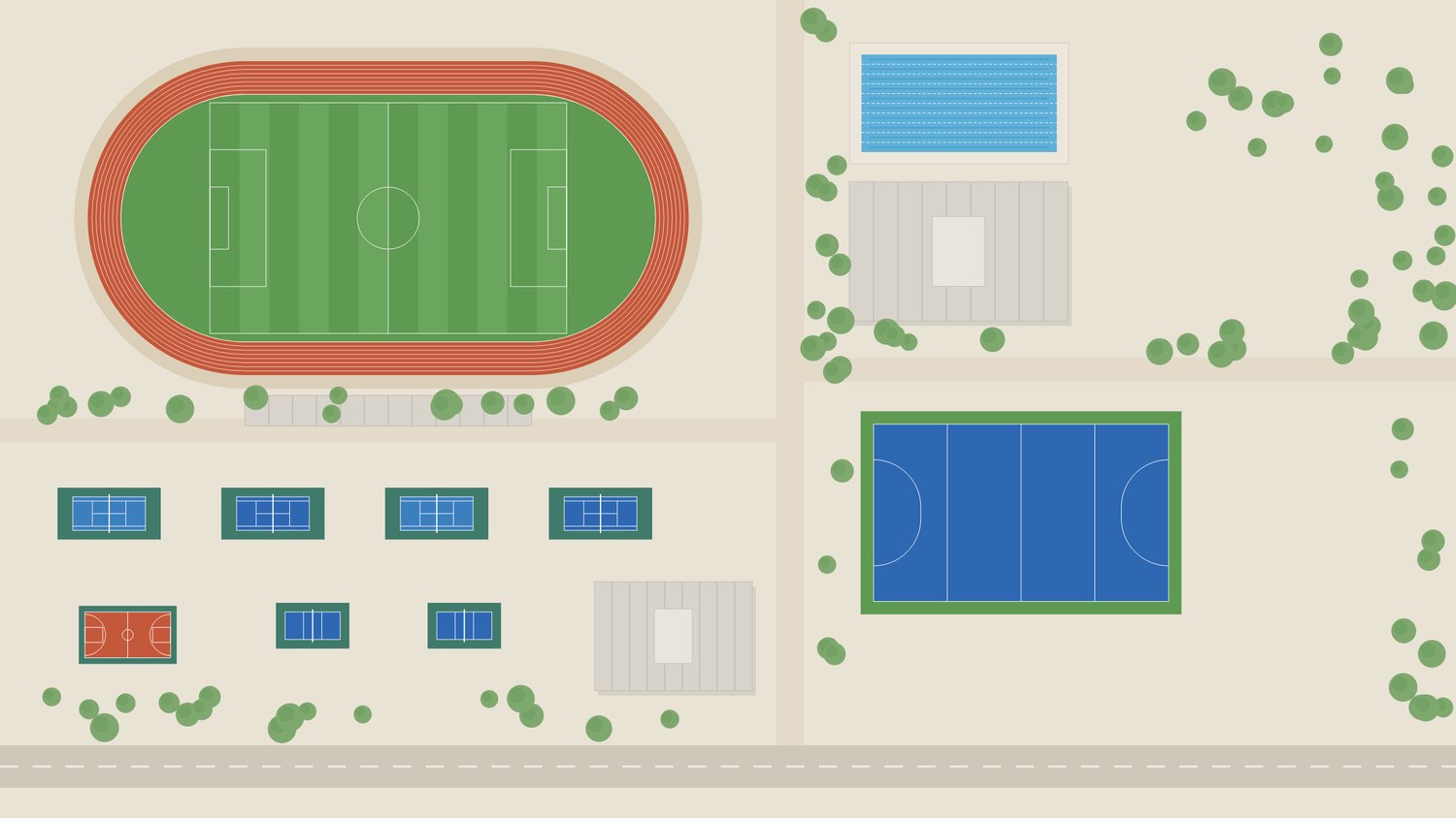 Illustration of a sports complex with an athletic track, pool, hockey field and courts