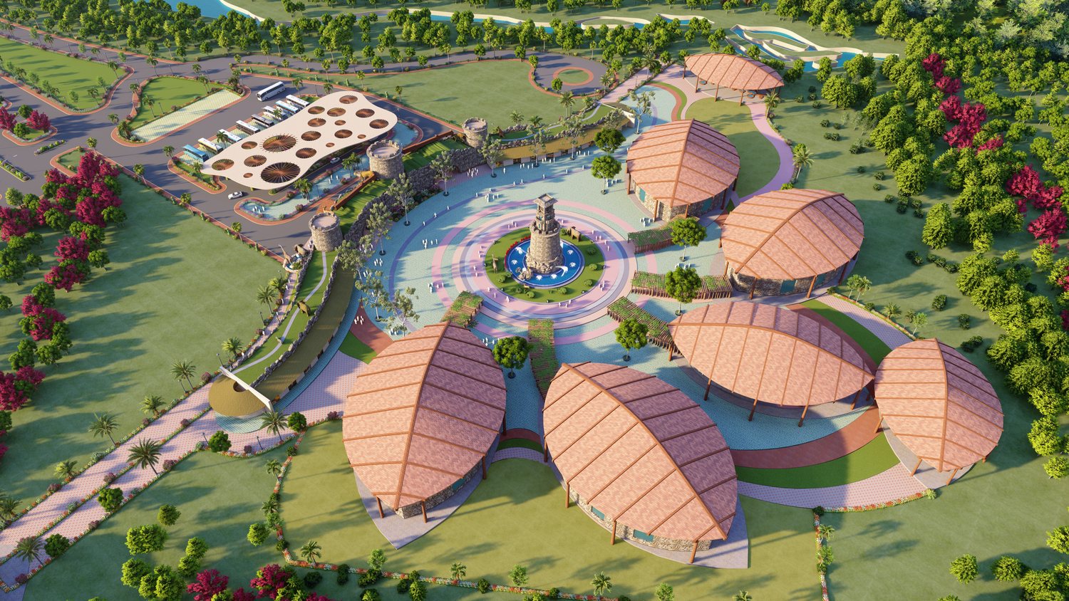 The entrance plaza, with leaf-shaped roofs around a central tower