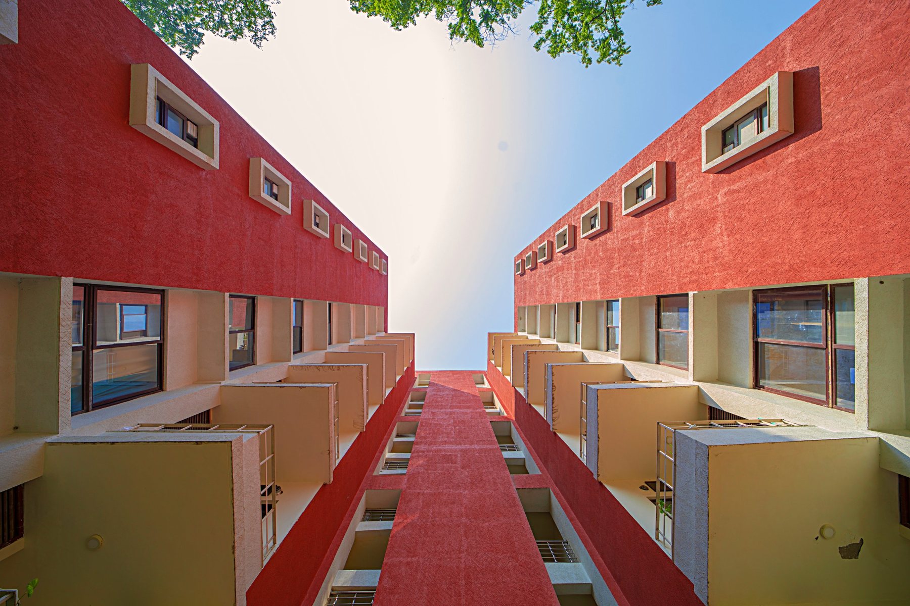 Balconies and window frames, seen from below