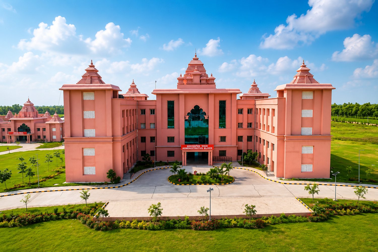 The administrative block, with its stepped shikhara towers