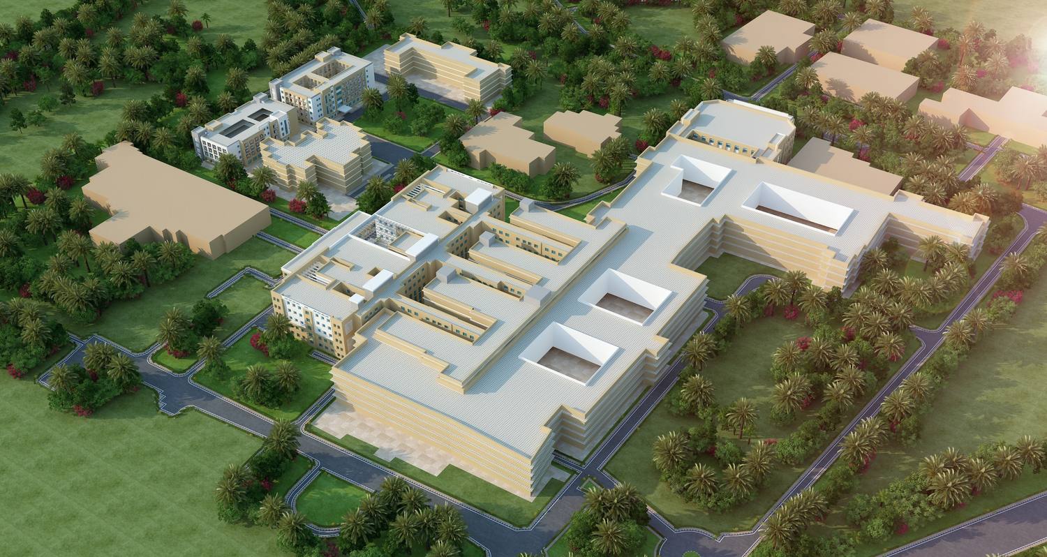 The extension from above, among the existing college buildings