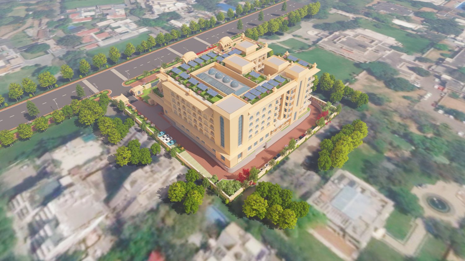 Rajasthan House: Aerial view from the rear, with the atrium roof and rooftop solar