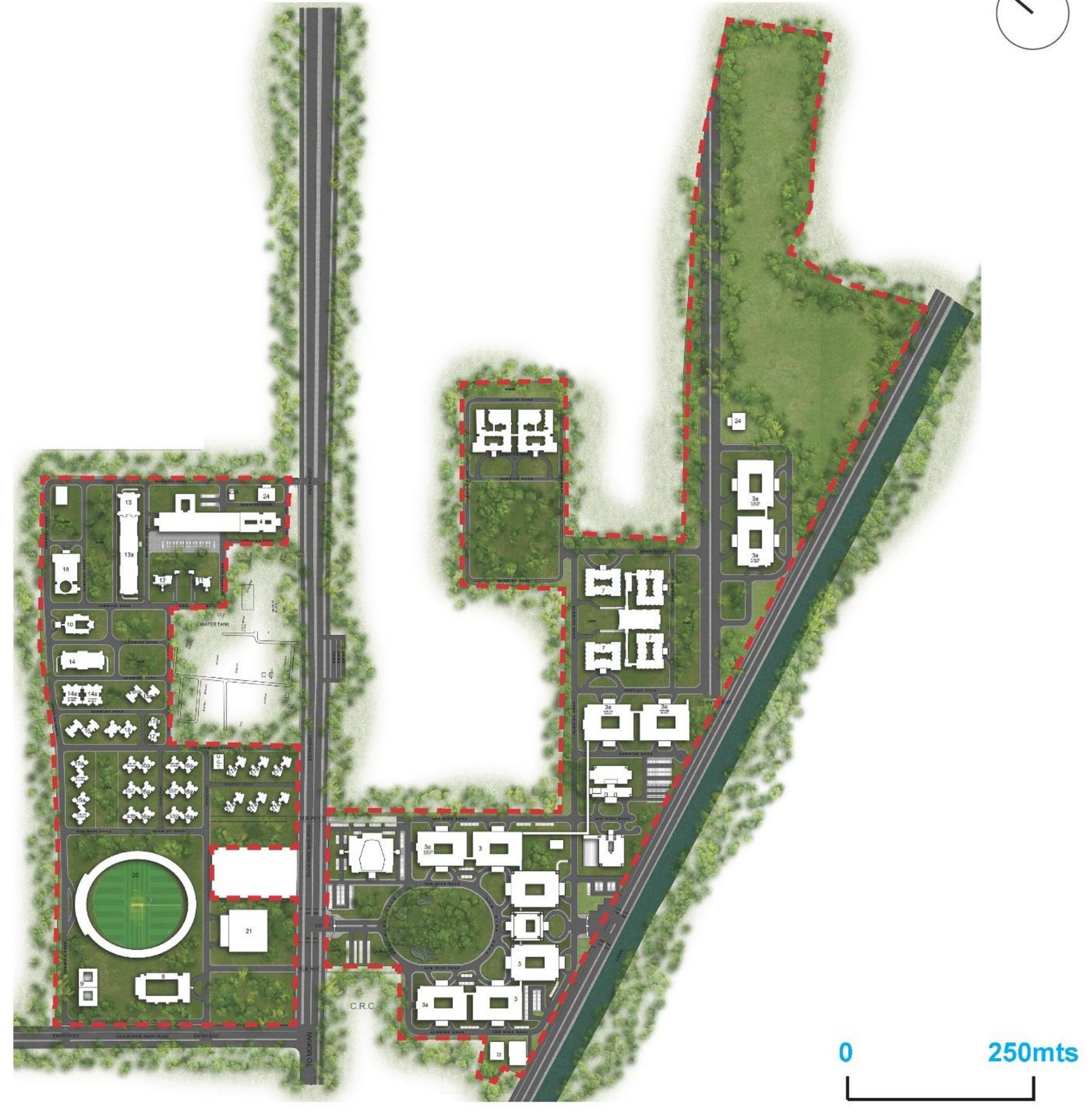 Site plan of the University. Scale bar 0 to 250 m