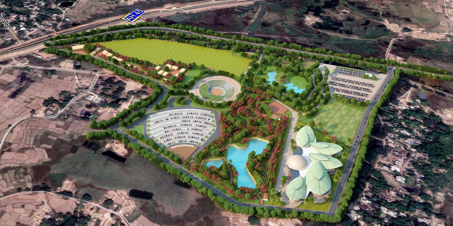 The Science Park from above, with the academy among gardens and water bodies