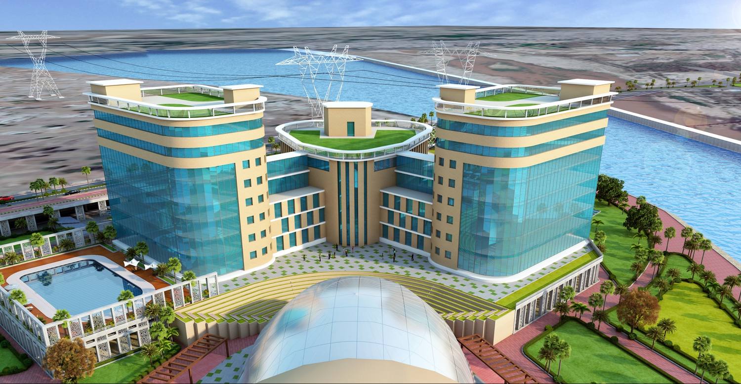 The twin towers and the central block, with the pool deck in front