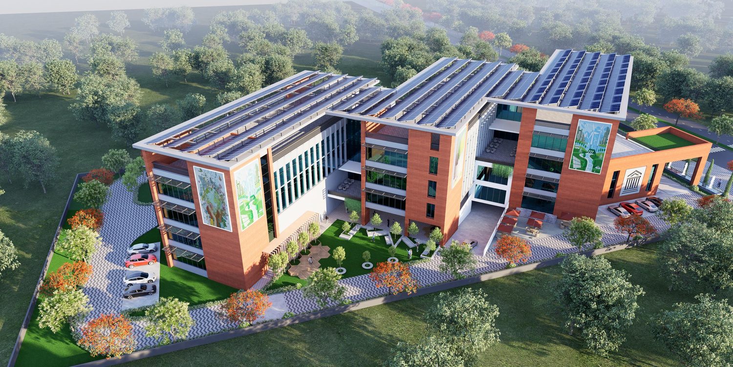 The landscaped courtyards and parking