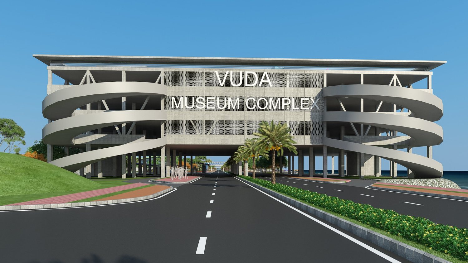 A multi-level car park over the beach road